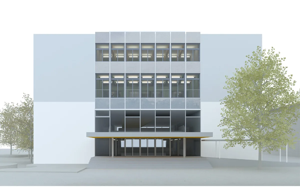 Man sieht eine realistische Animation von einem Schulgebäude von aussen.